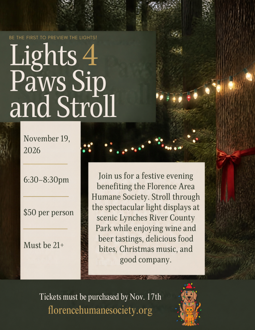 Lights 4 Paws Sip and Stroll flyer - November 19, 2026, 6:30-8:30 PM, $50 per person, must be 21+, Lynches River County Park, benefiting the Florence Area Humane Society